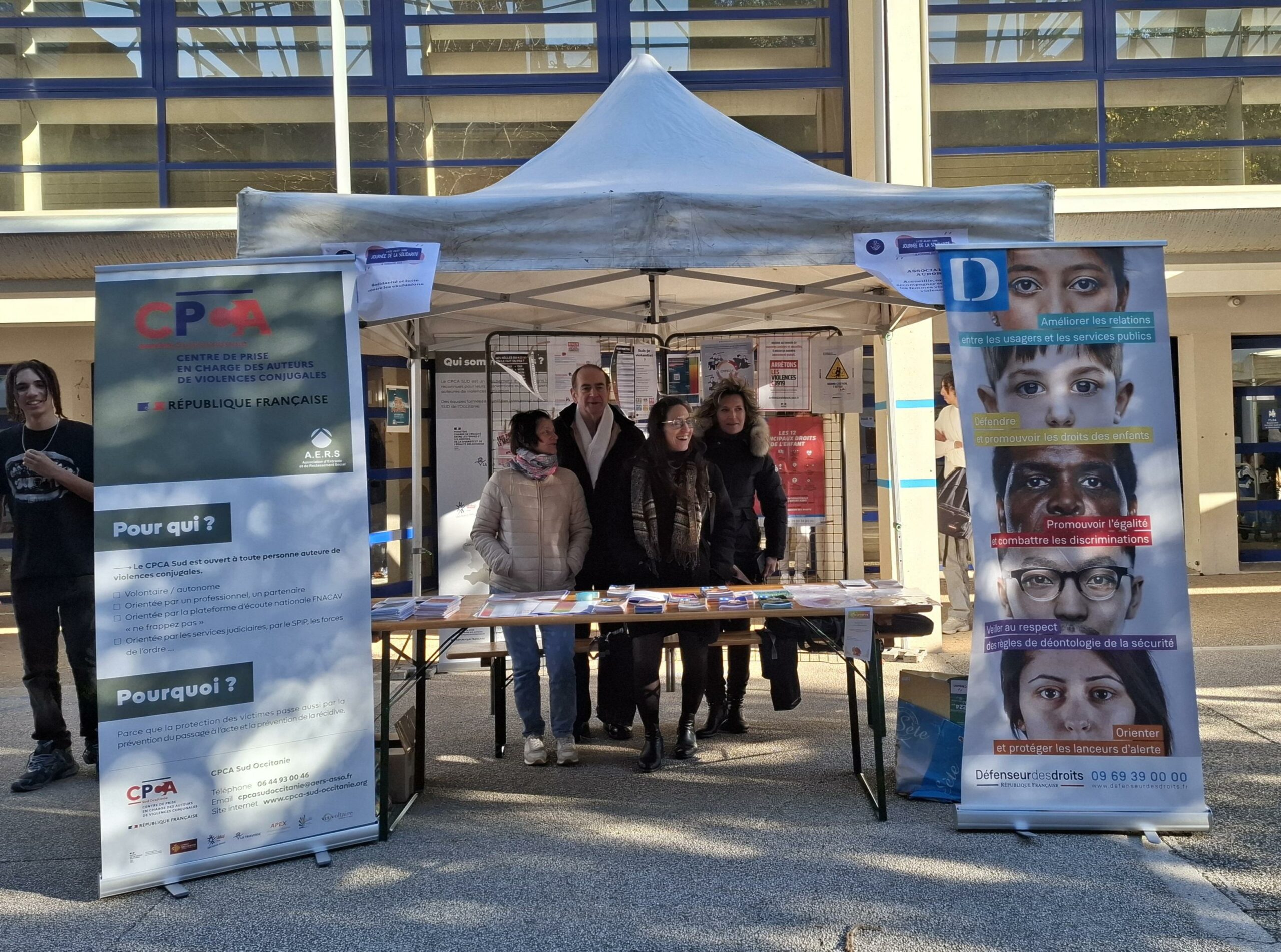 Mihal ALTUN, coordinatrice CPCA Sud-Occitanie porté par l’AERS,Bernard LUMINET défenseur des droits, Lucie BRISSET coordinatrice du réseau VIF de l’Hérault porté par Via voltaire et Cathy JAUMARD présidente de l’association Aurora à Sète.